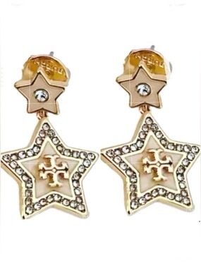 TORY BURCH GOLD LOGO PAVÉ FALLING STAR DROP EARRINGS